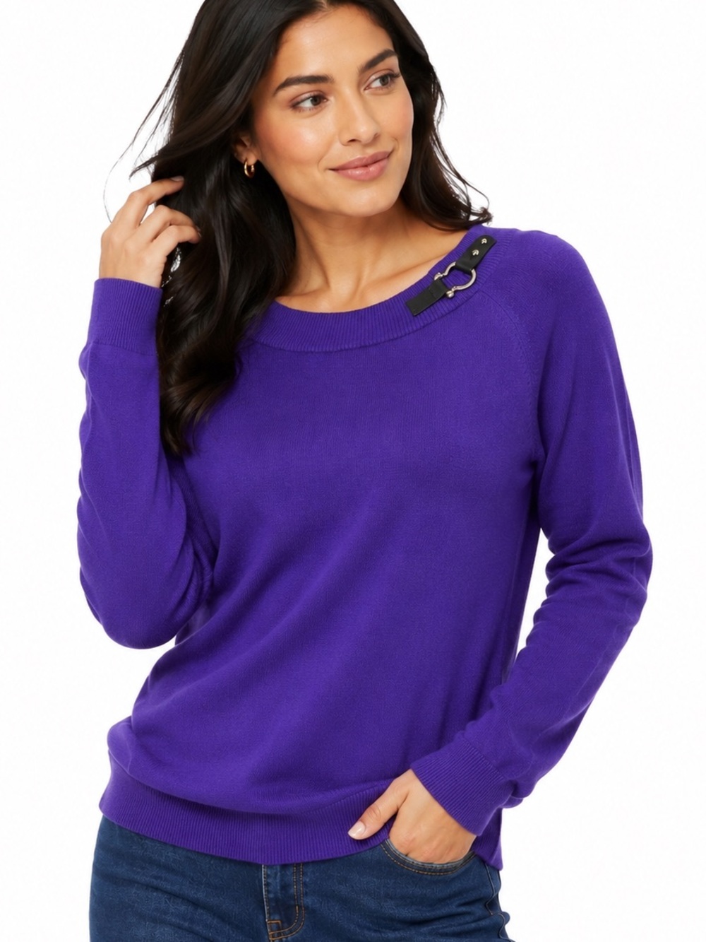 Lauren Ralph Lauren Purple Boatneck Sweater w/Faux-Leather Buckle Accent Med 632
